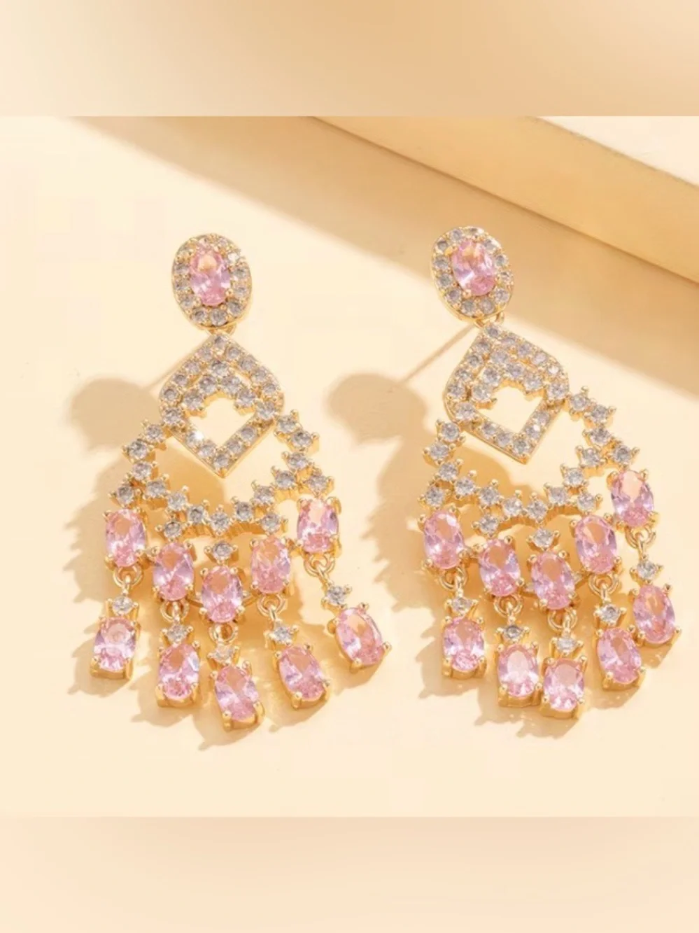 Gold-Tone Pink Crystal Chandelier Earrings